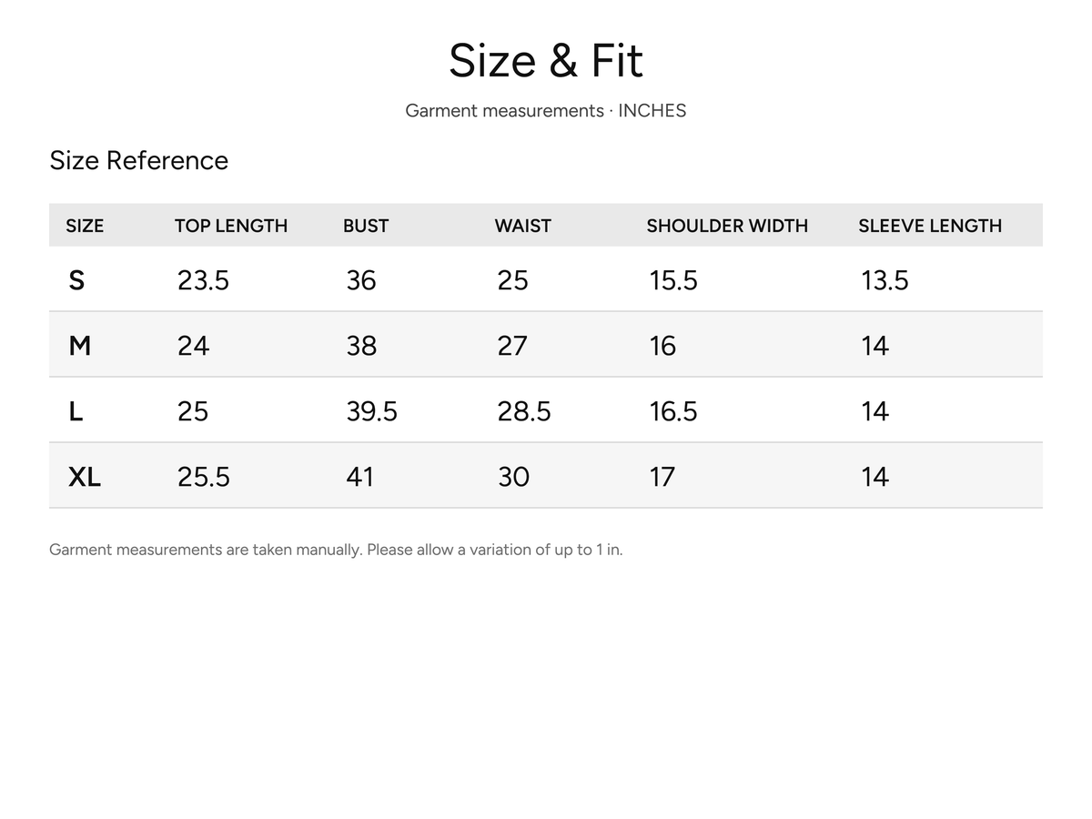 SHEVOV garment size and fit chart