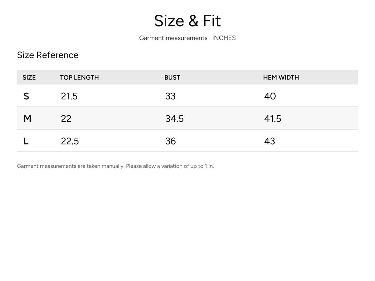 SHEVOV garment size and fit chart
