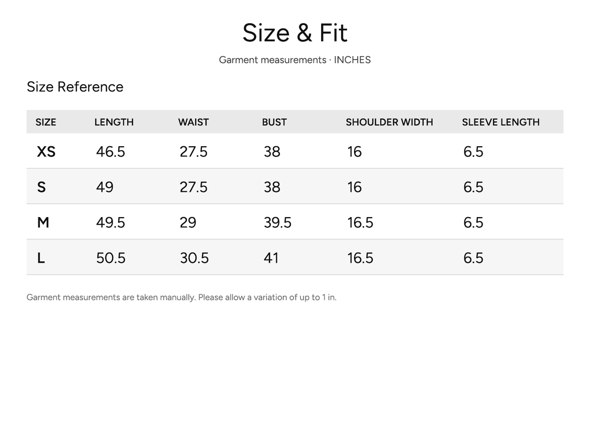 SHEVOV garment size and fit chart
