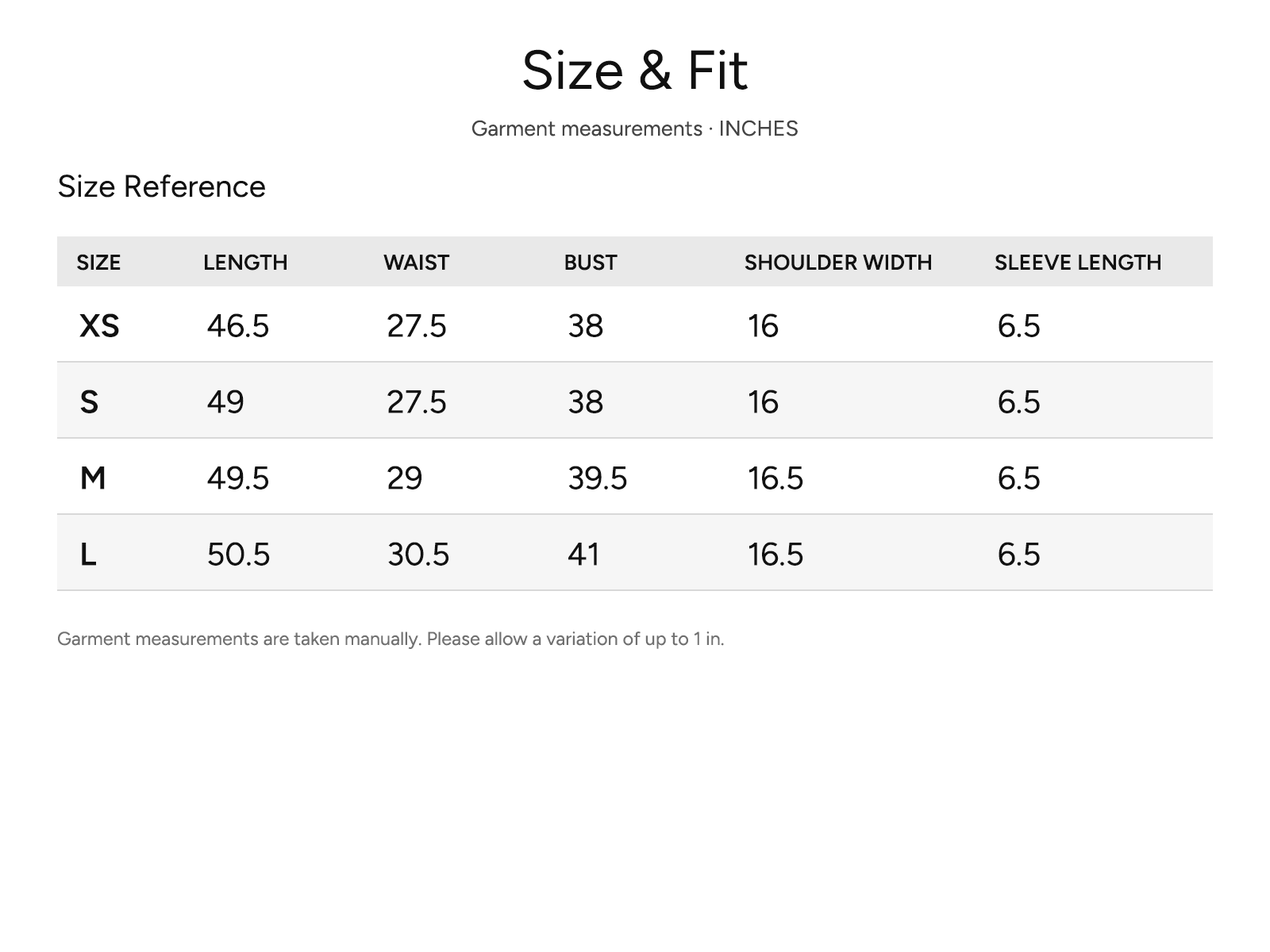 SHEVOV garment size and fit chart