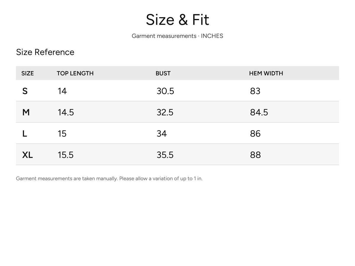 SHEVOV garment size and fit chart