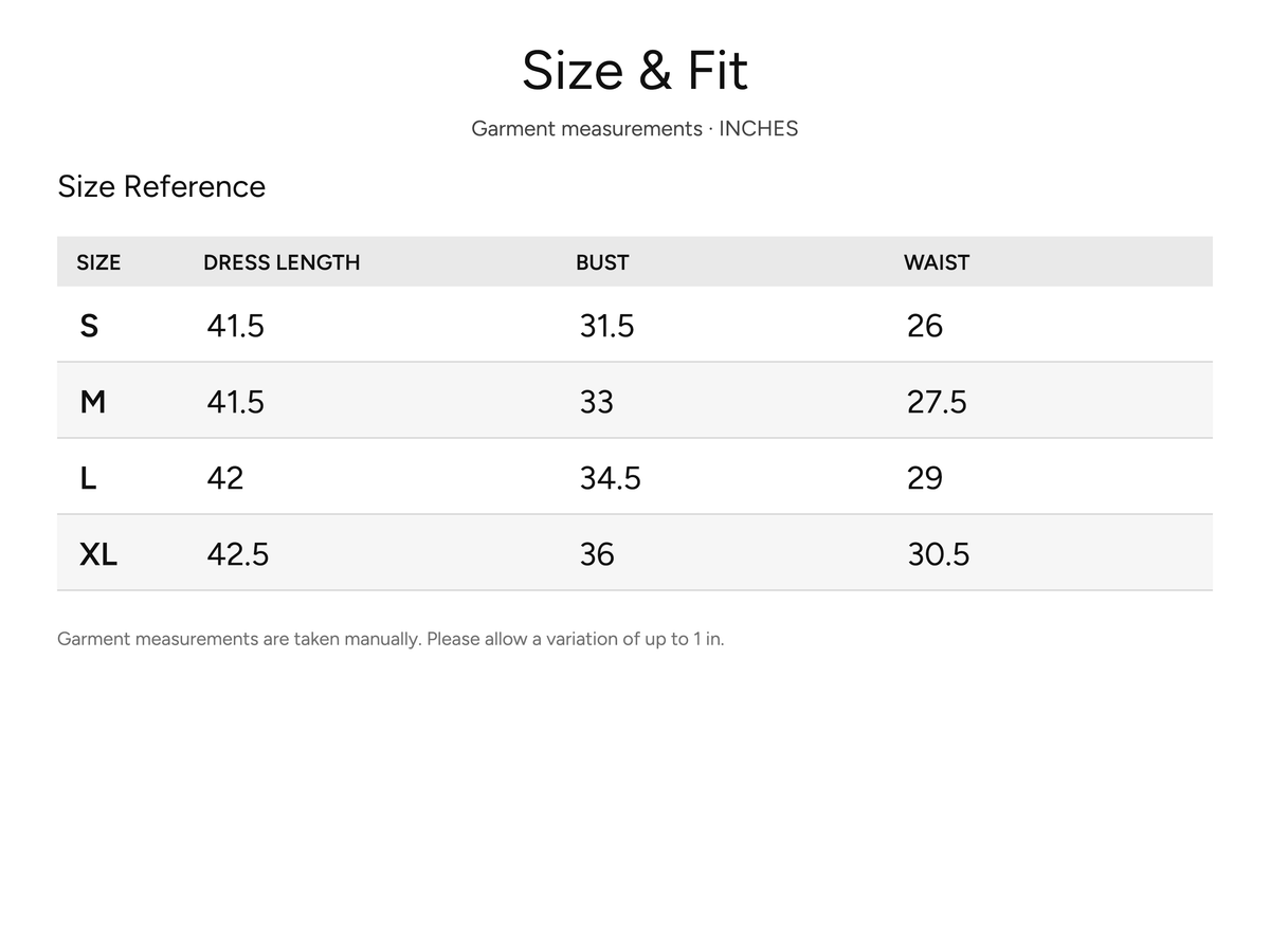 SHEVOV garment size and fit chart