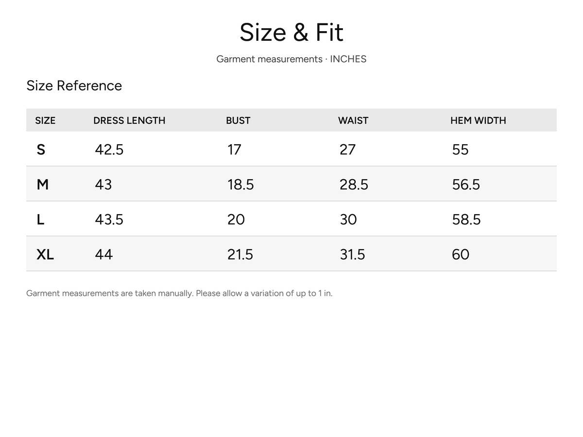 SHEVOV garment size and fit chart