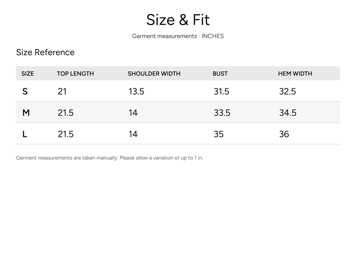SHEVOV garment size and fit chart