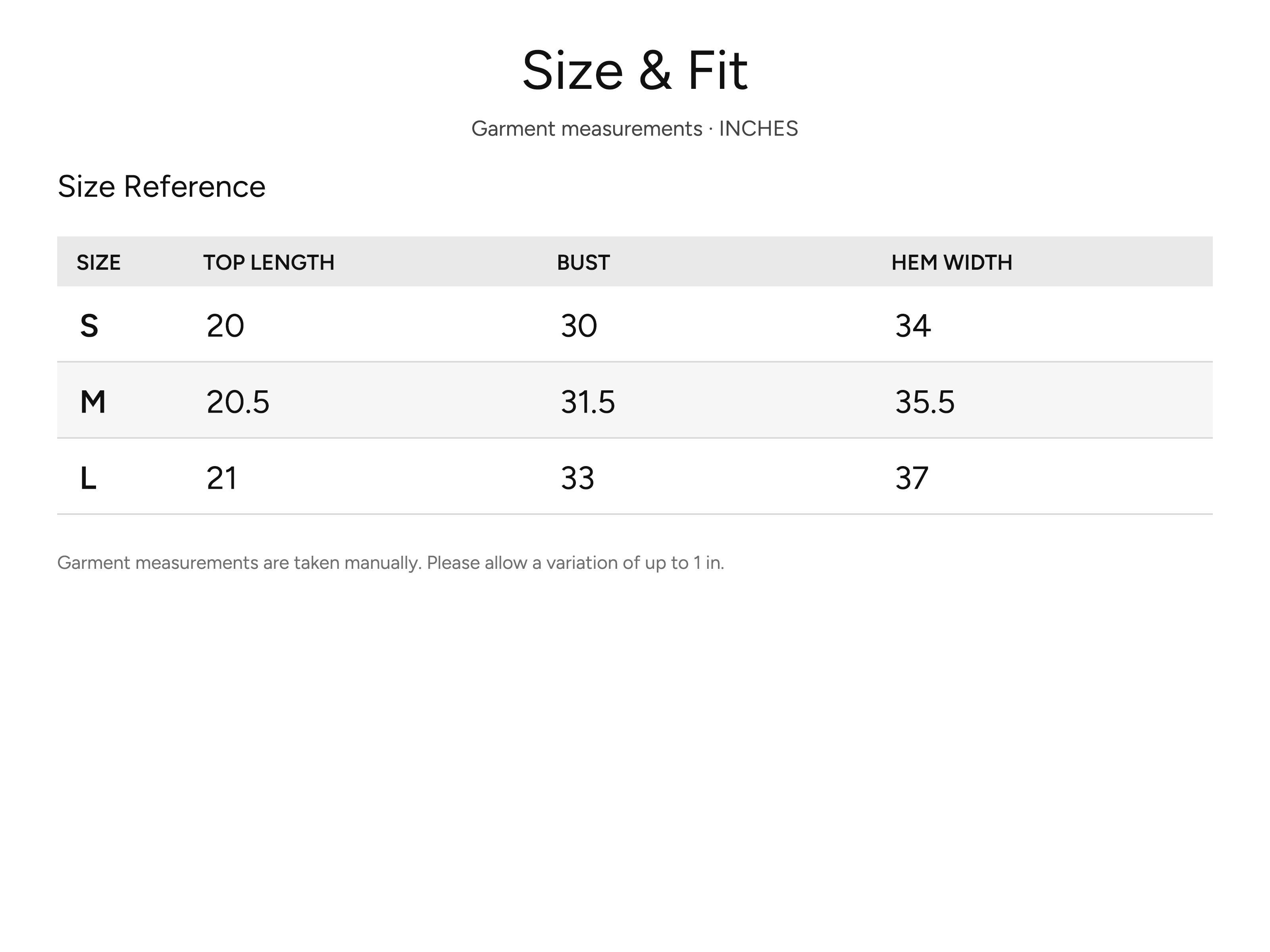 SHEVOV garment size and fit chart