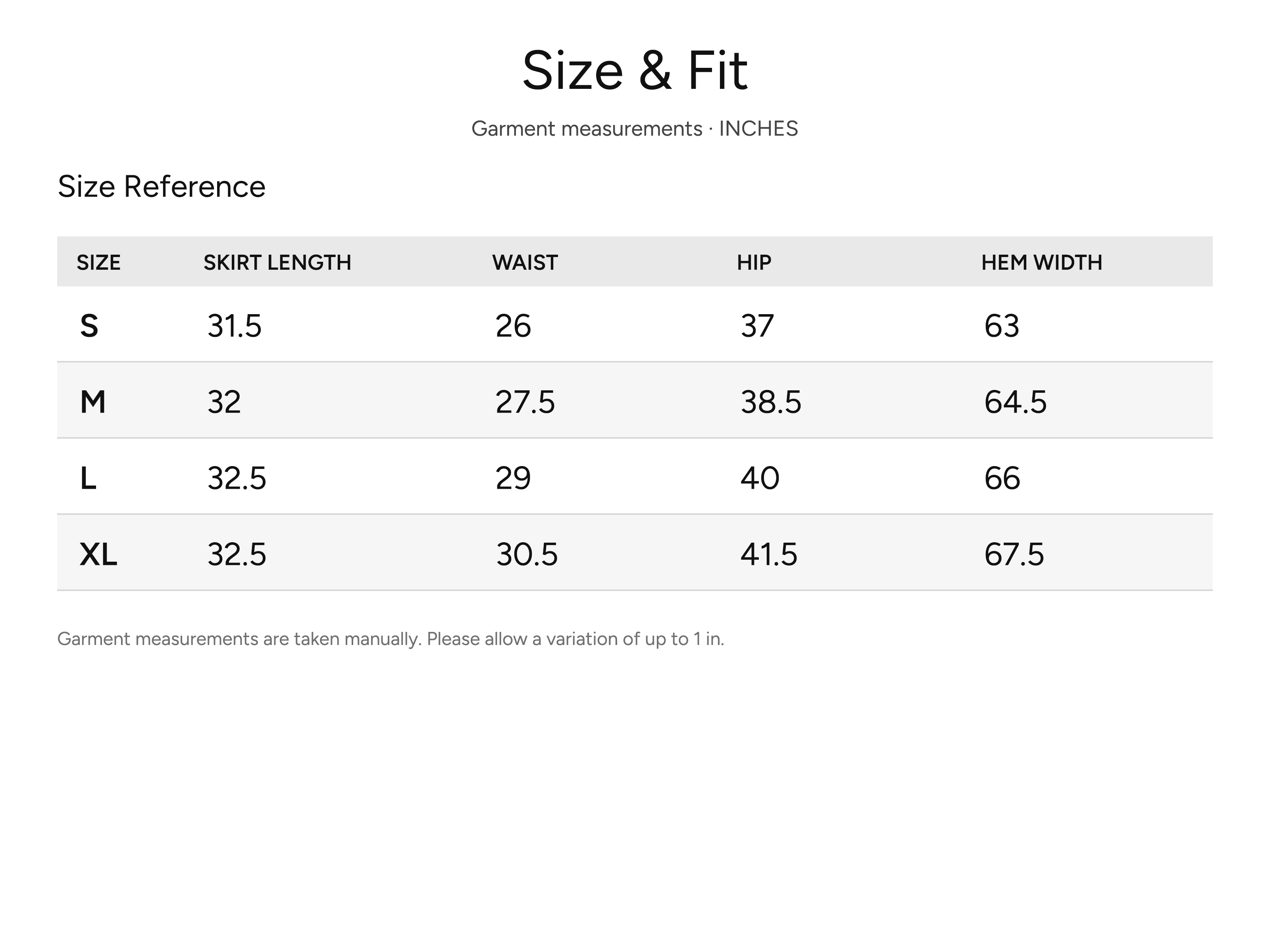 SHEVOV garment size and fit chart