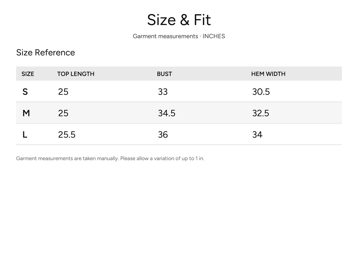 SHEVOV garment size and fit chart