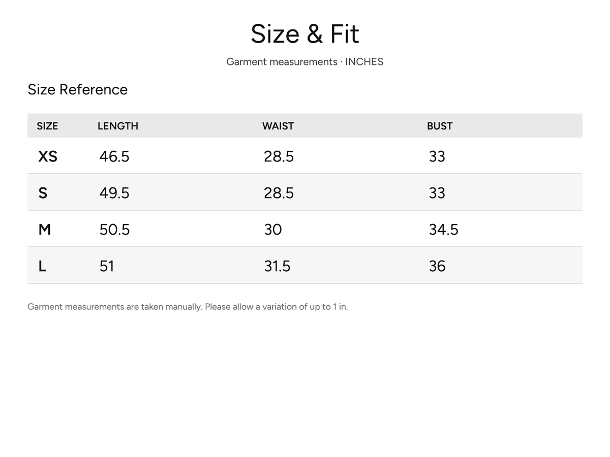 SHEVOV garment size and fit chart