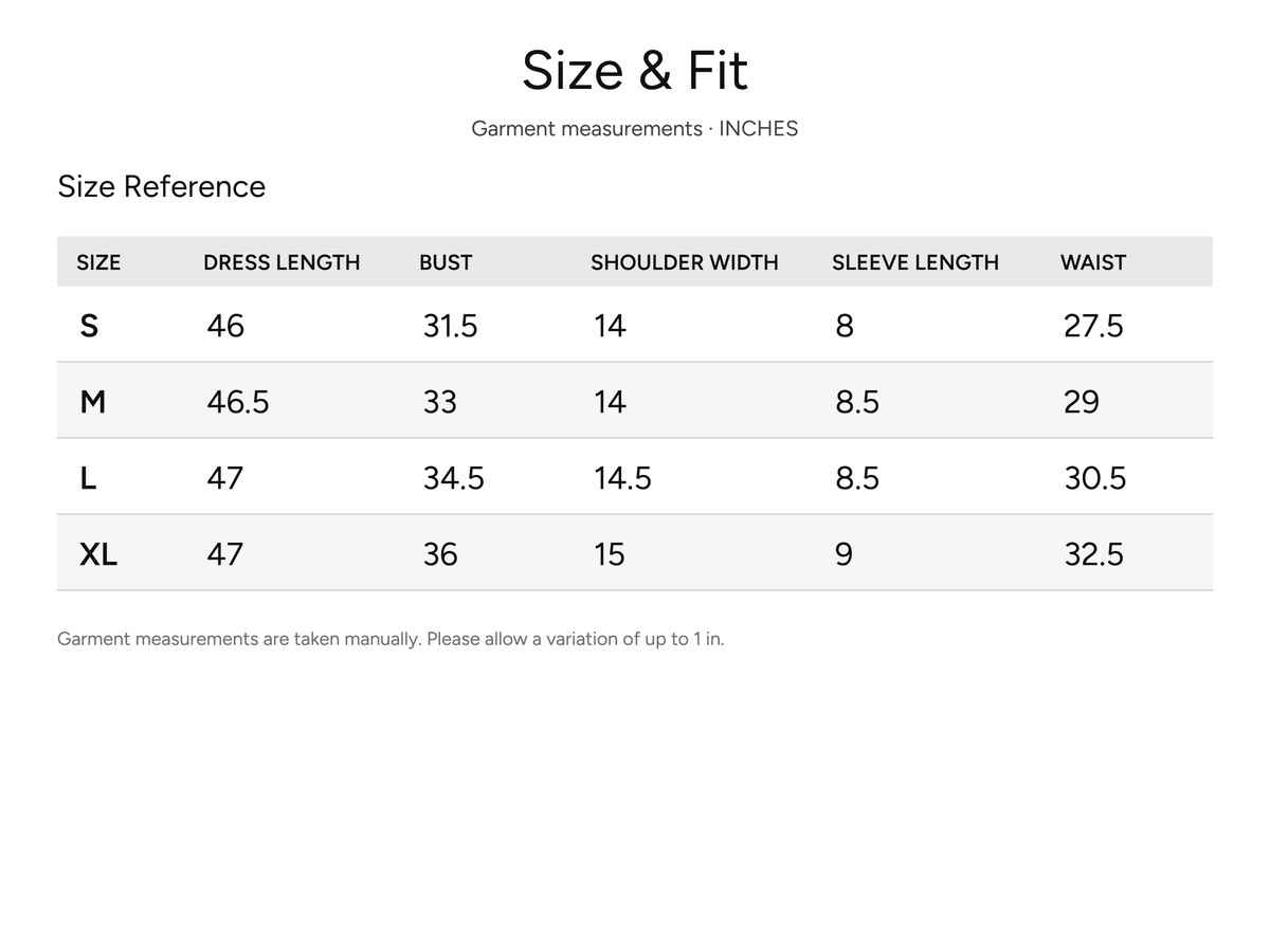 SHEVOV garment size and fit chart
