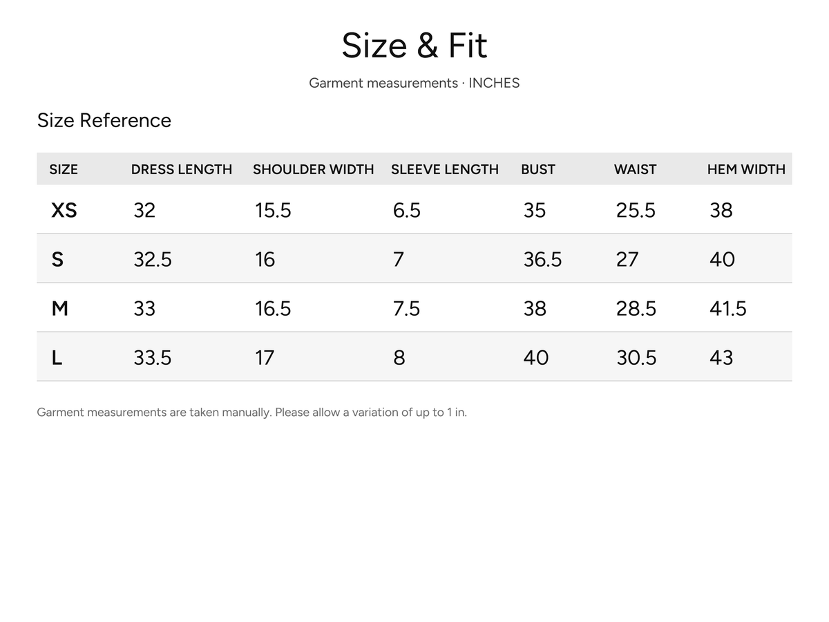 SHEVOV garment size and fit chart