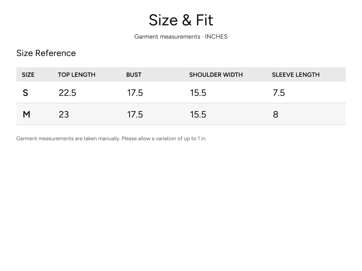 SHEVOV garment size and fit chart