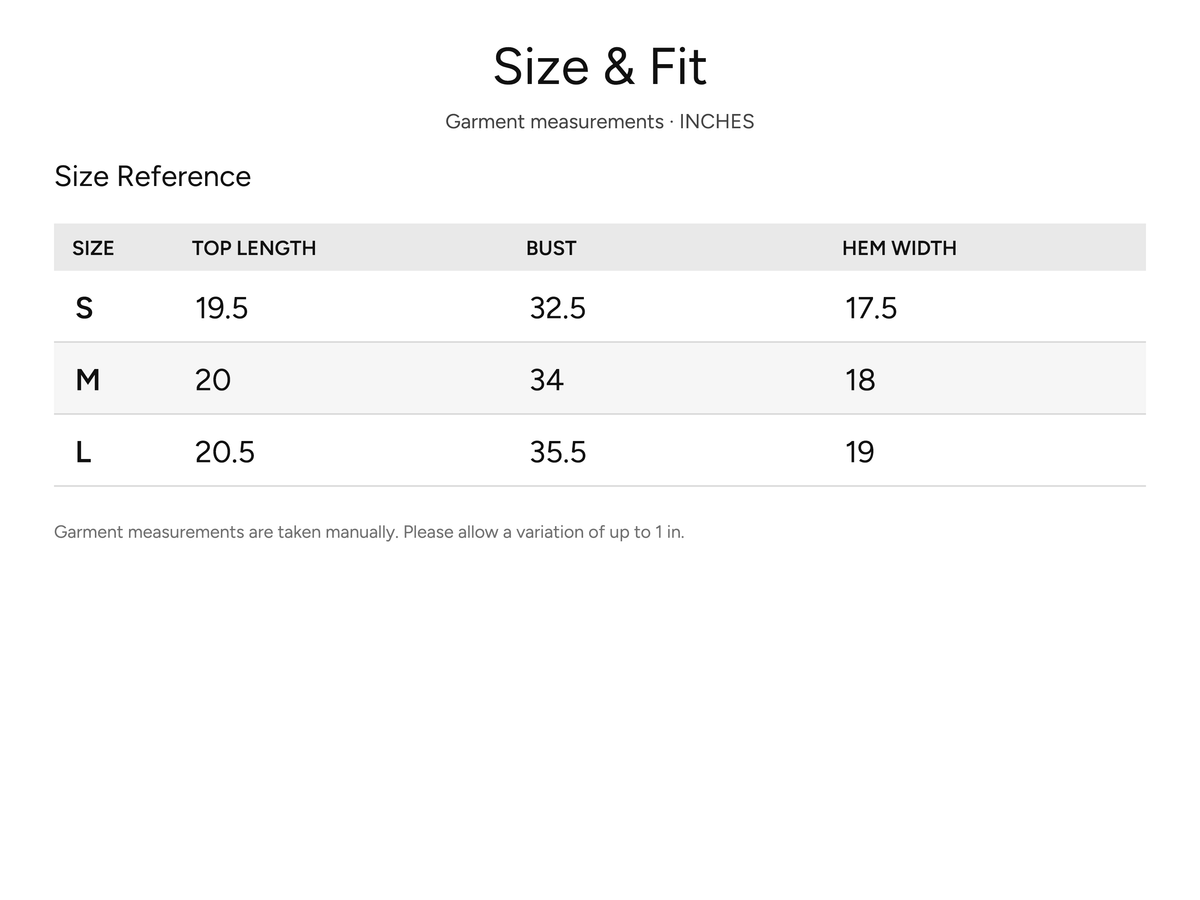 SHEVOV garment size and fit chart