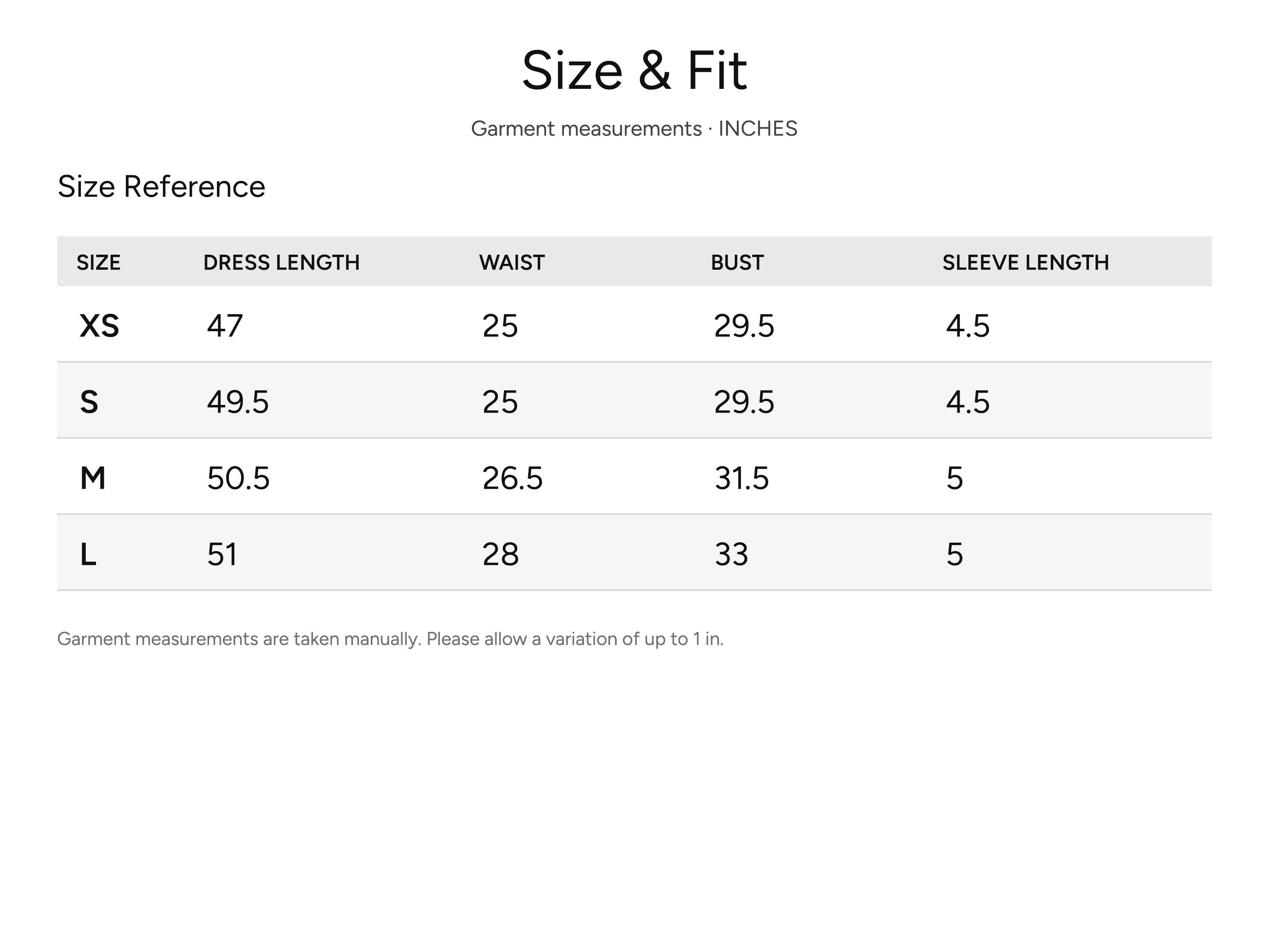 SHEVOV garment size and fit chart