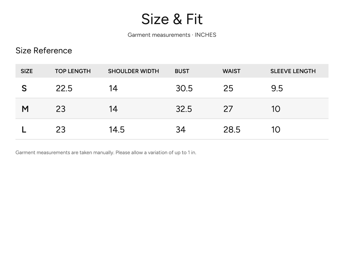 SHEVOV garment size and fit chart