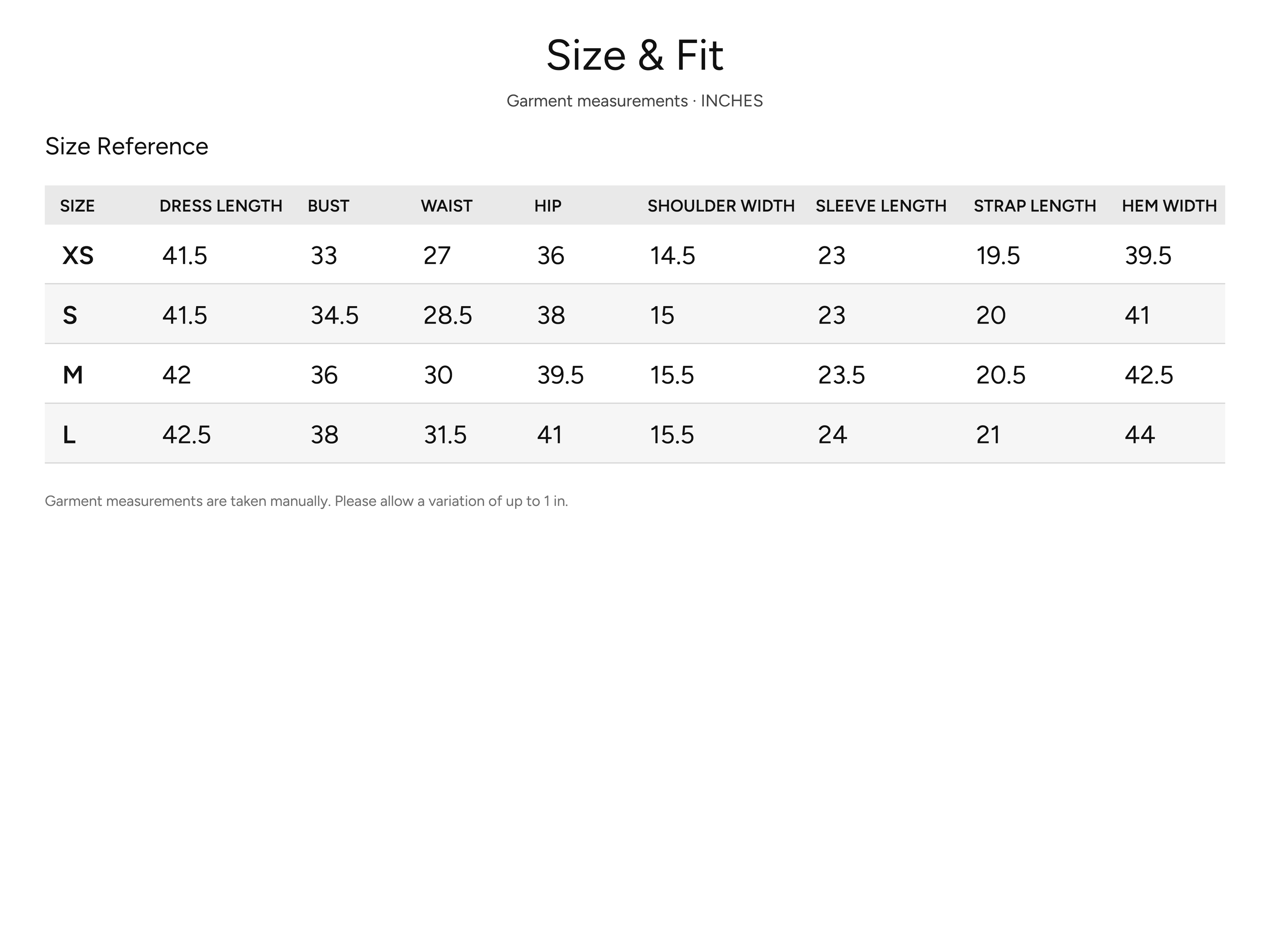 SHEVOV garment size and fit chart