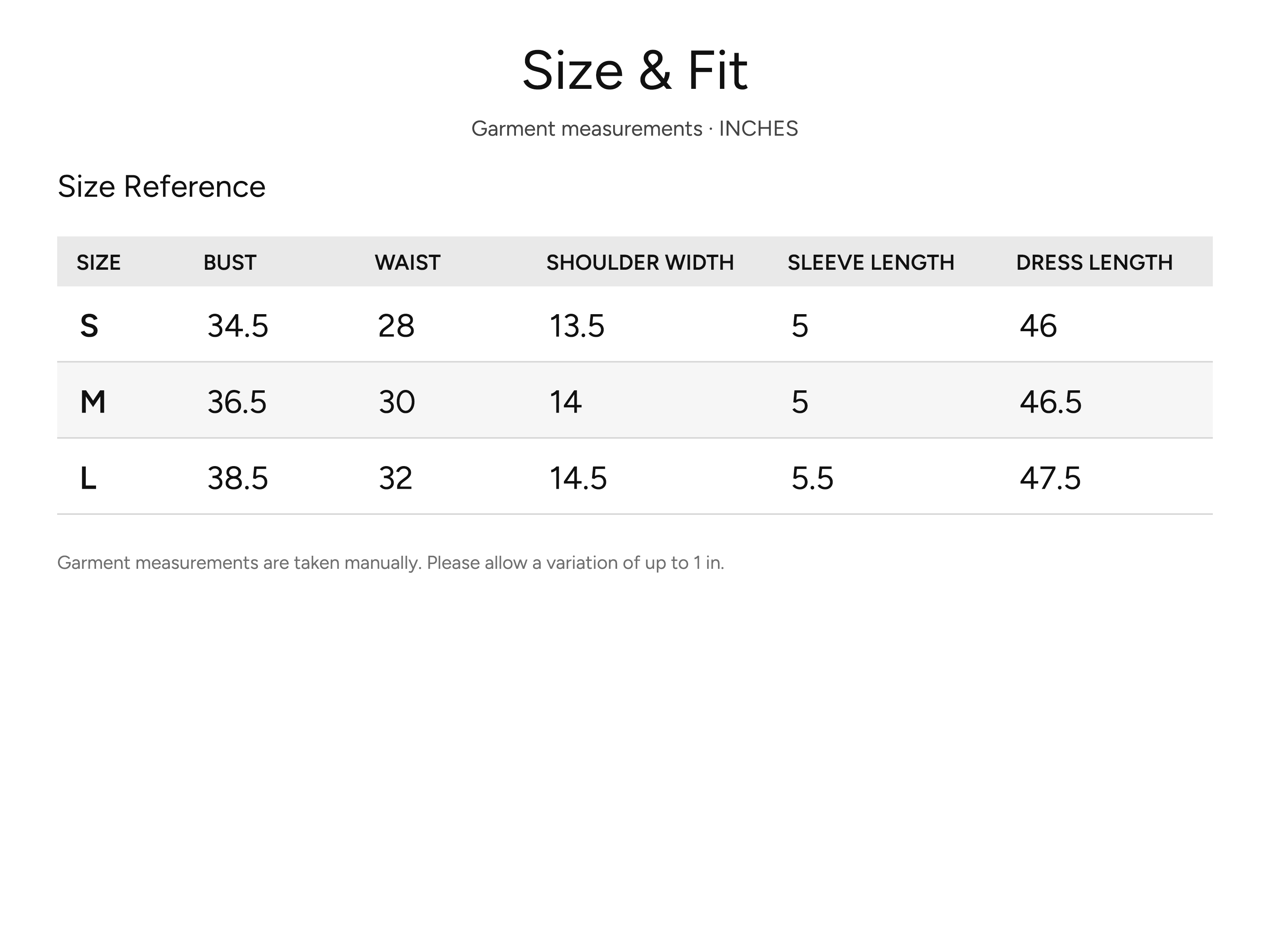 SHEVOV garment size and fit chart