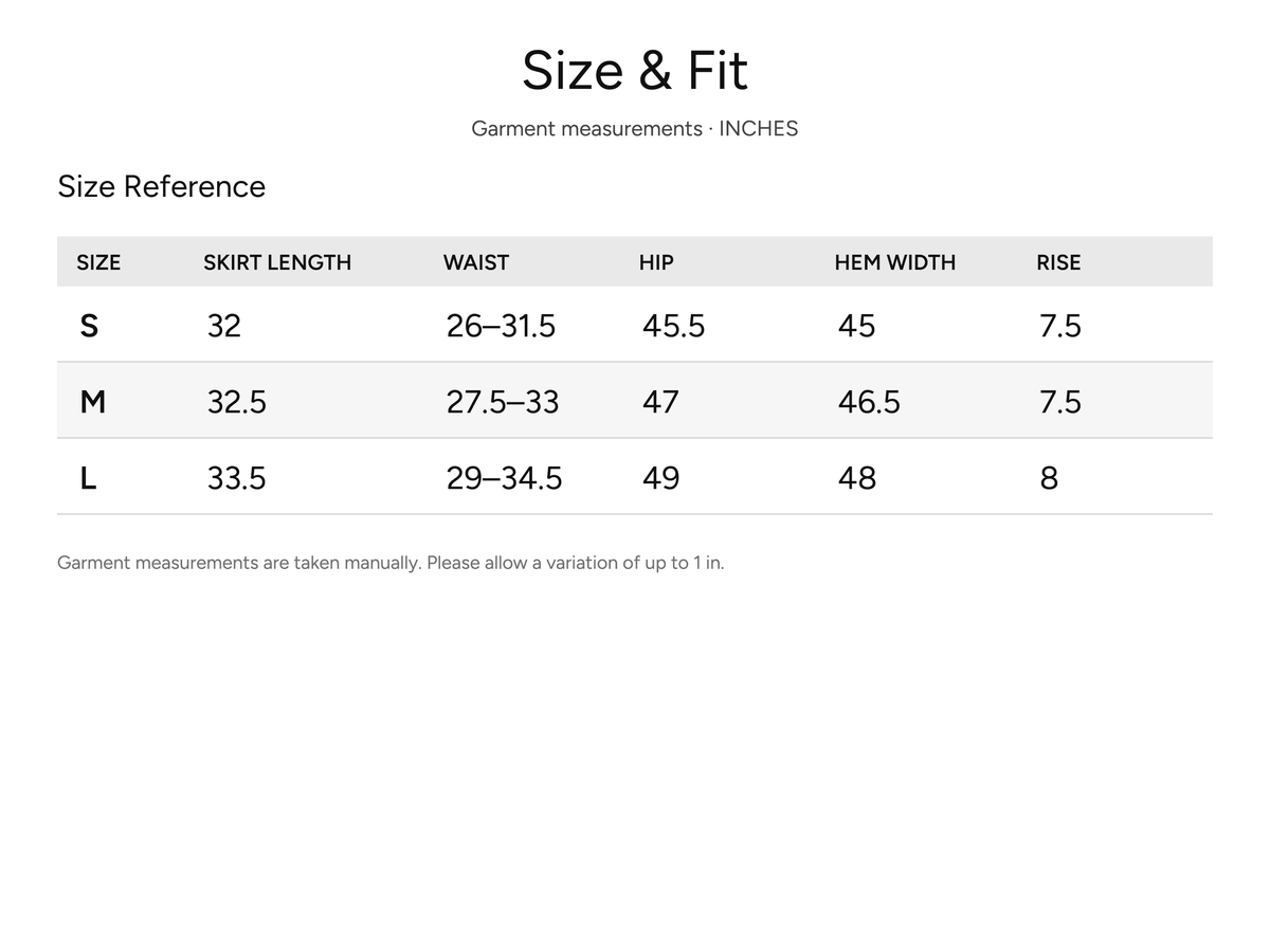 SHEVOV garment size and fit chart
