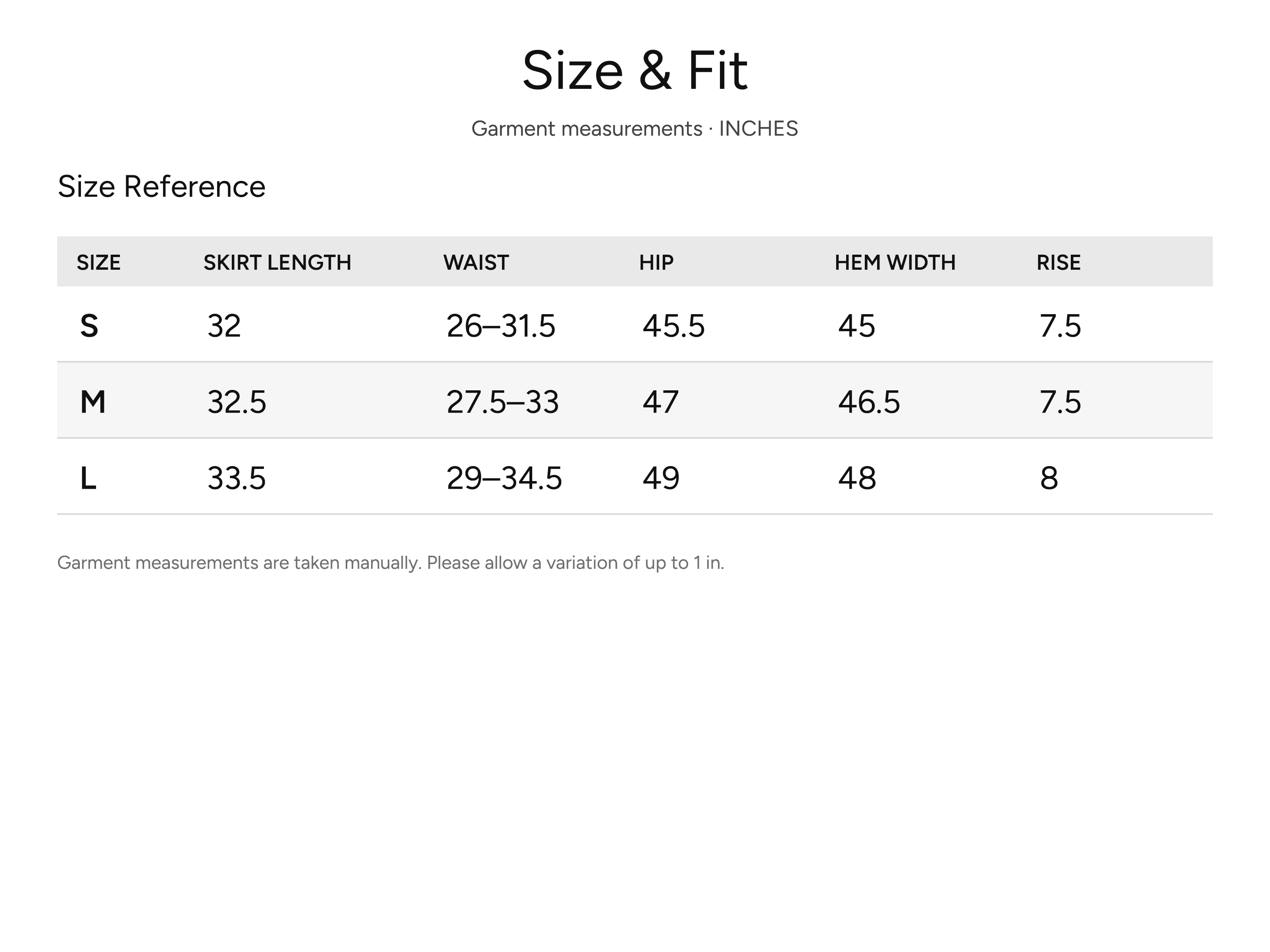 SHEVOV garment size and fit chart