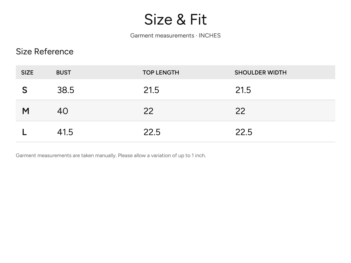 SHEVOV garment size and fit chart