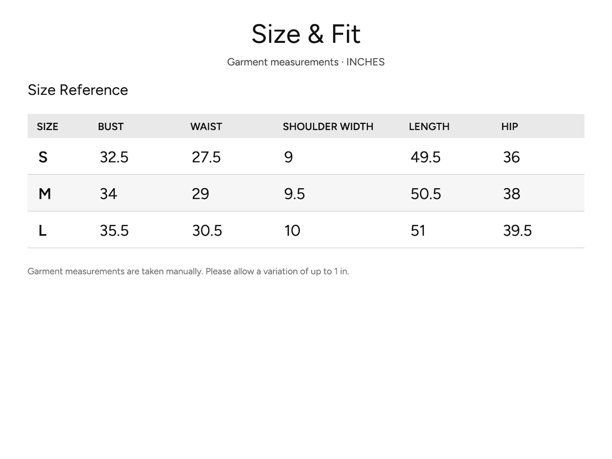 SHEVOV garment size and fit chart