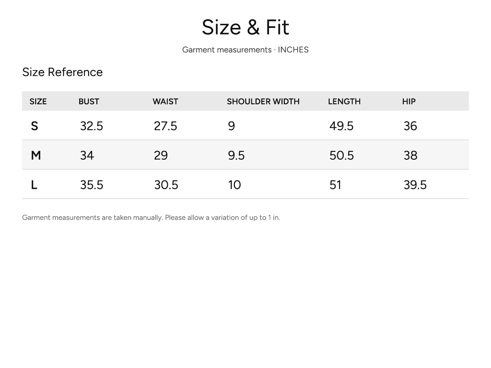 SHEVOV garment size and fit chart