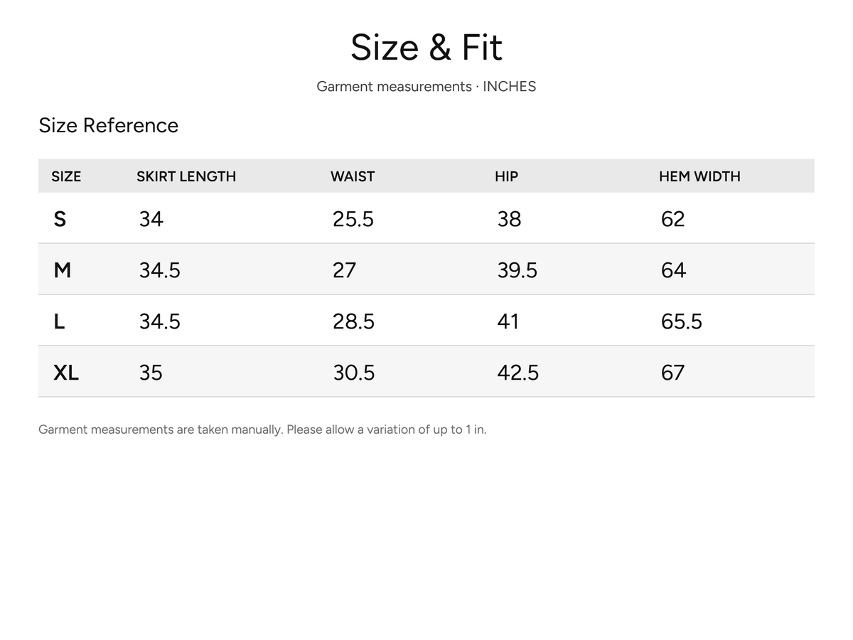 SHEVOV garment size and fit chart