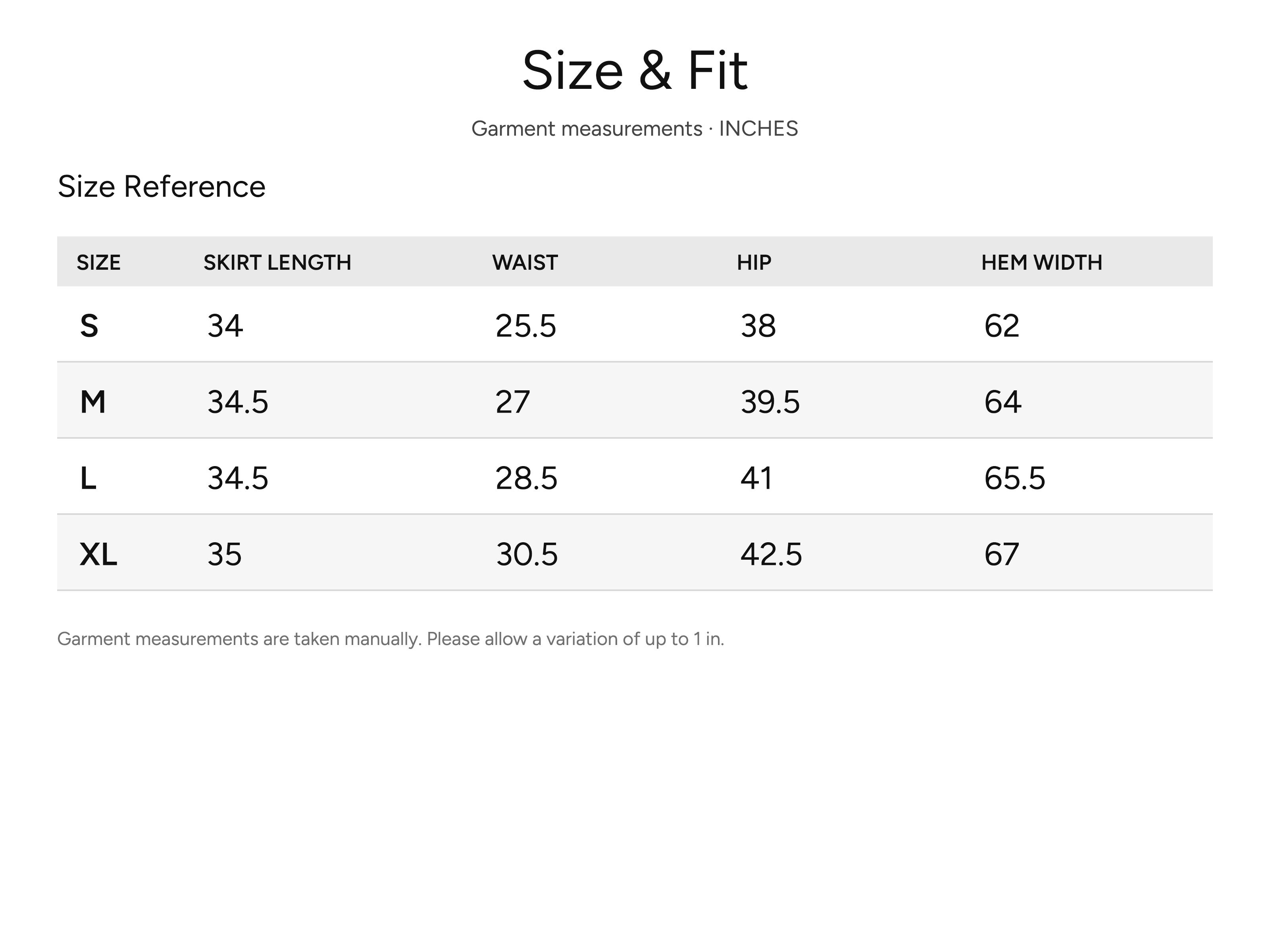 SHEVOV garment size and fit chart