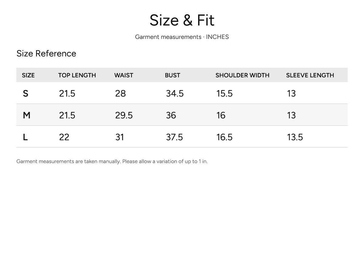 SHEVOV garment size and fit chart