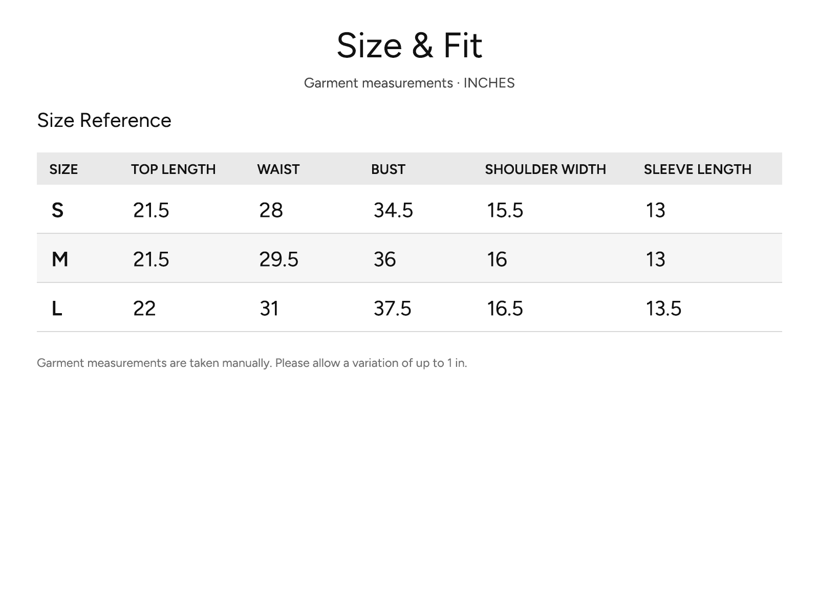 SHEVOV garment size and fit chart