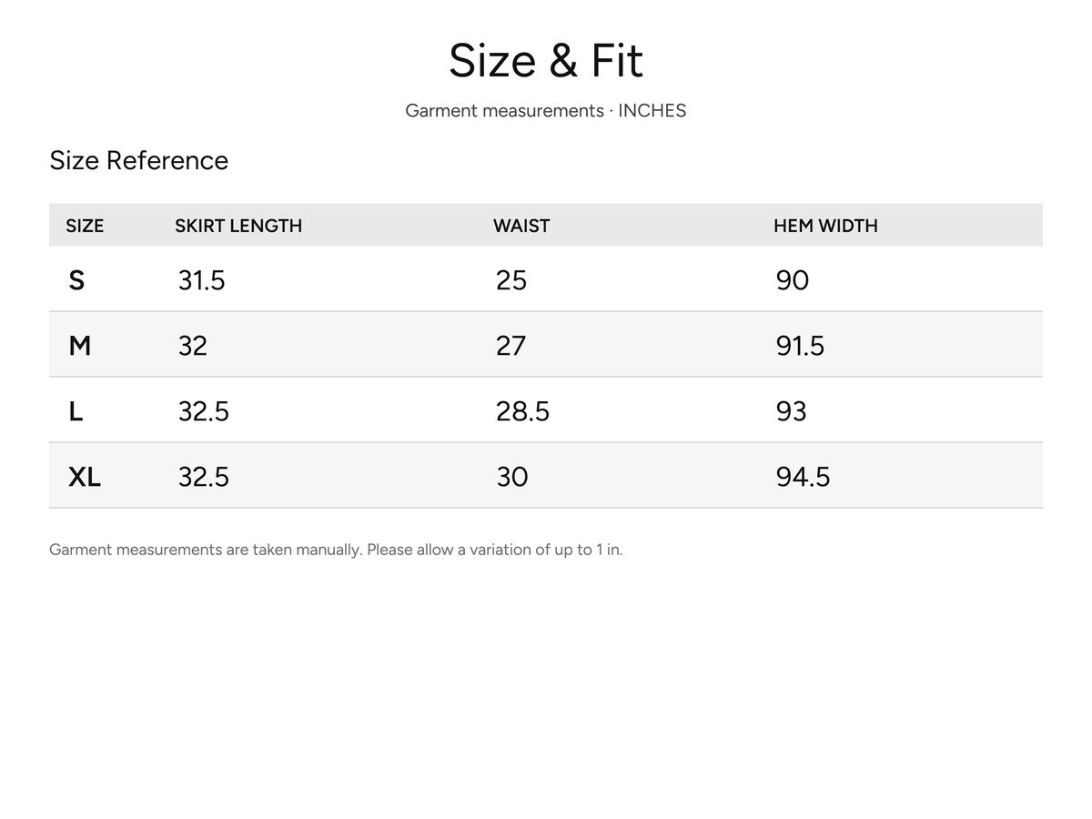SHEVOV garment size and fit chart