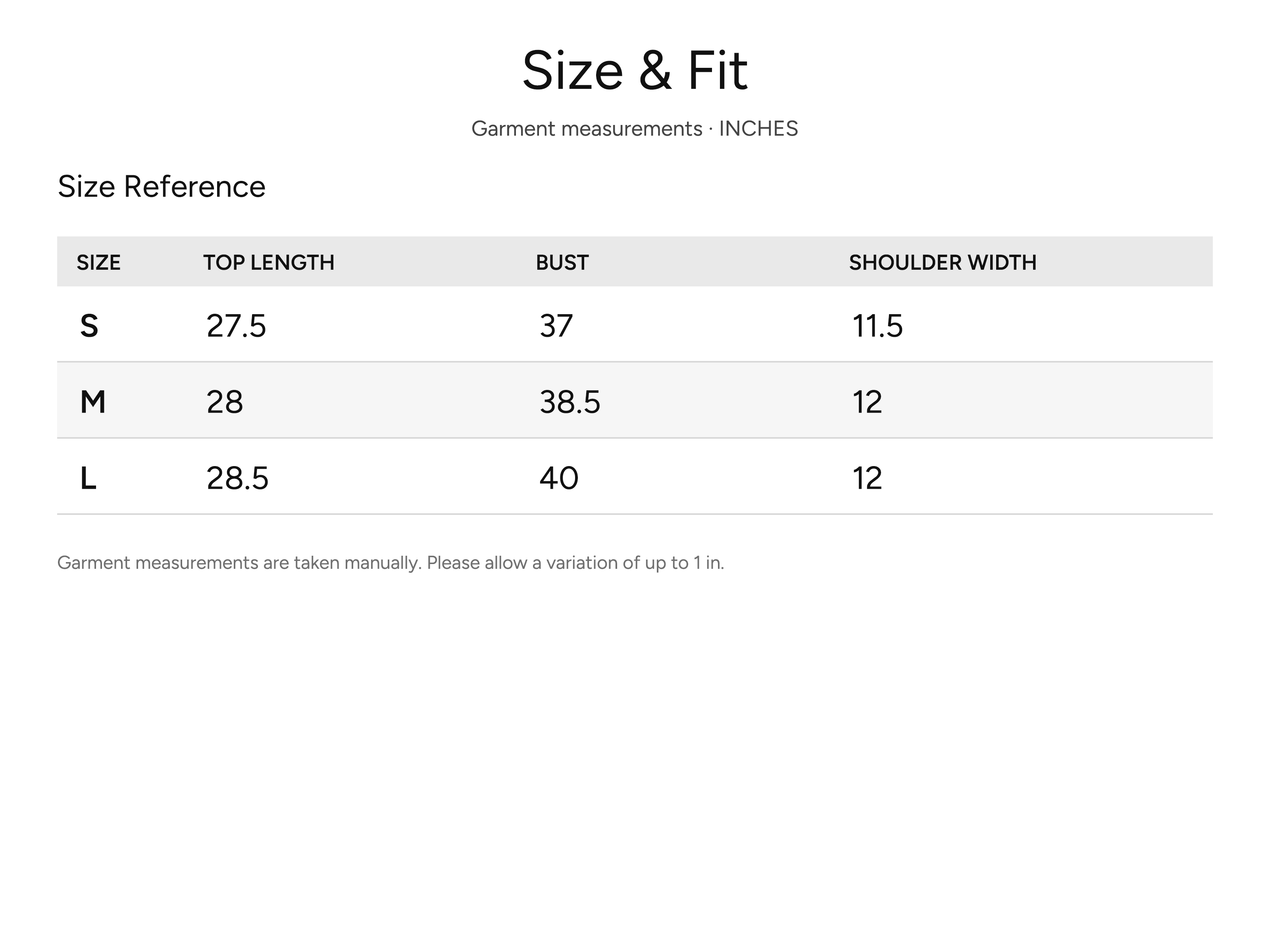 SHEVOV garment size and fit chart