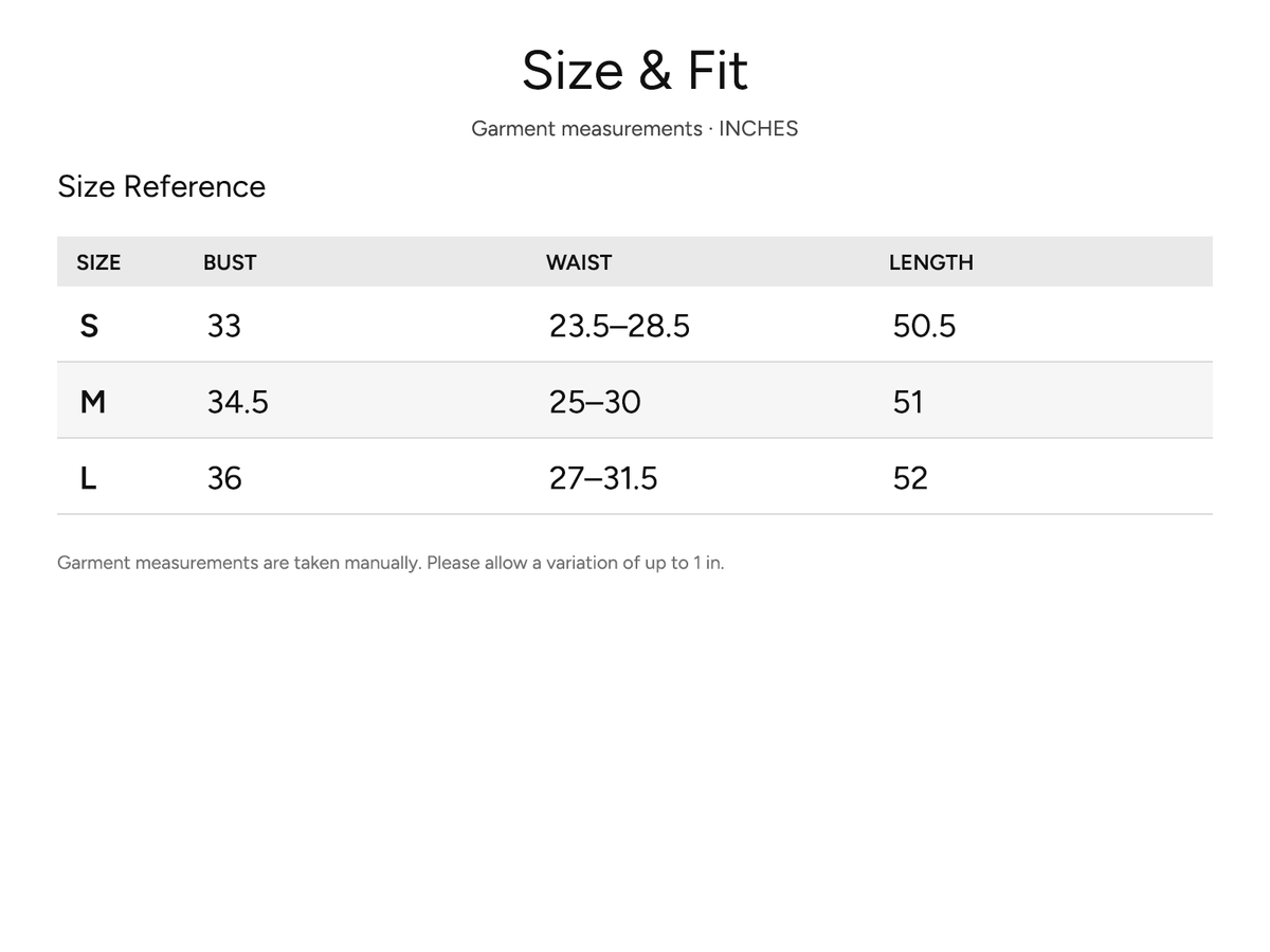 SHEVOV garment size and fit chart