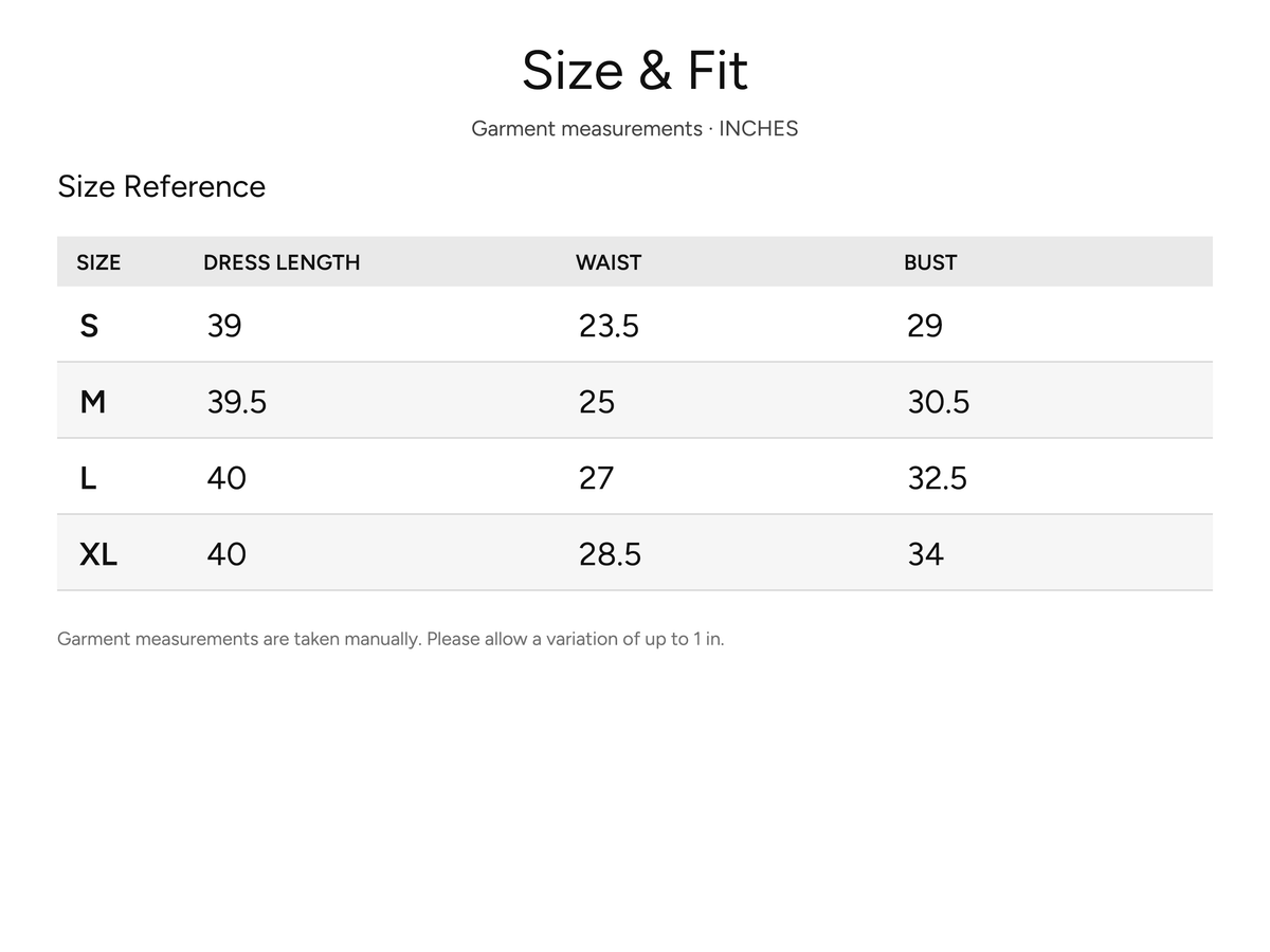 SHEVOV garment size and fit chart