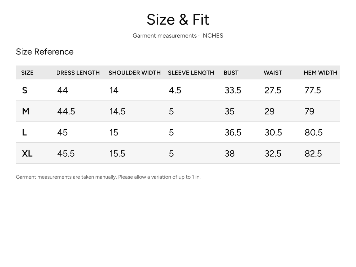 SHEVOV garment size and fit chart