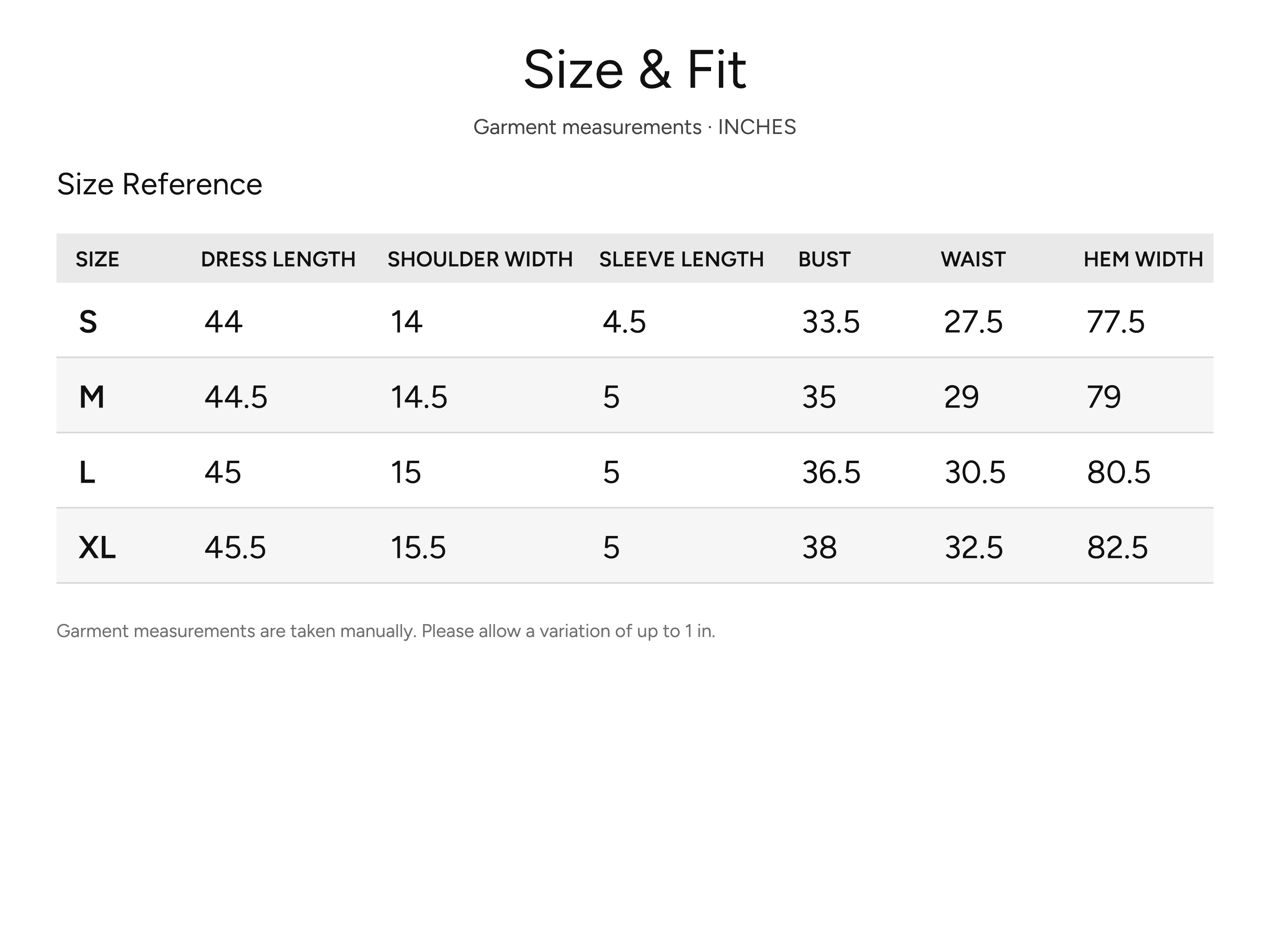 SHEVOV garment size and fit chart