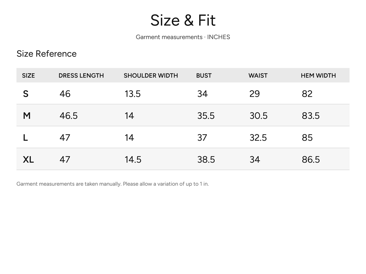 SHEVOV garment size and fit chart
