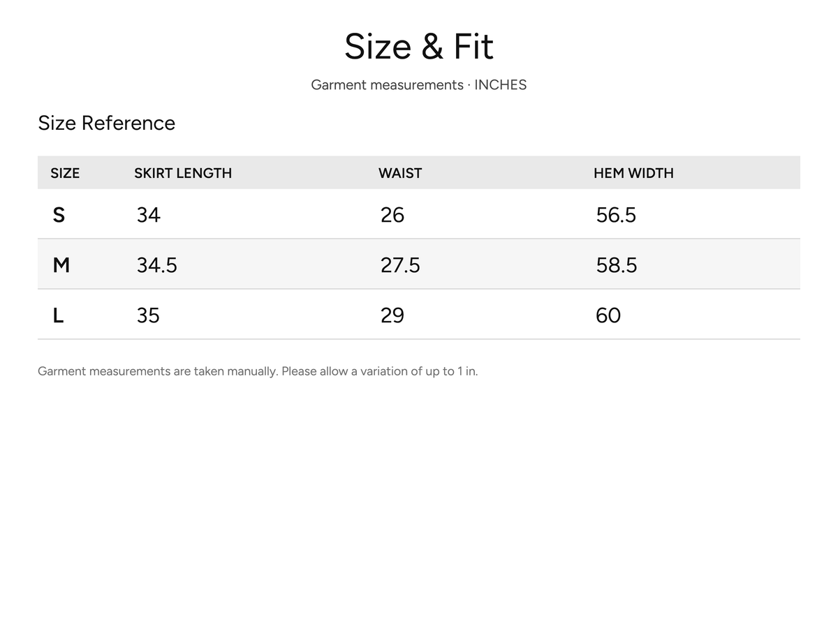 SHEVOV garment size and fit chart