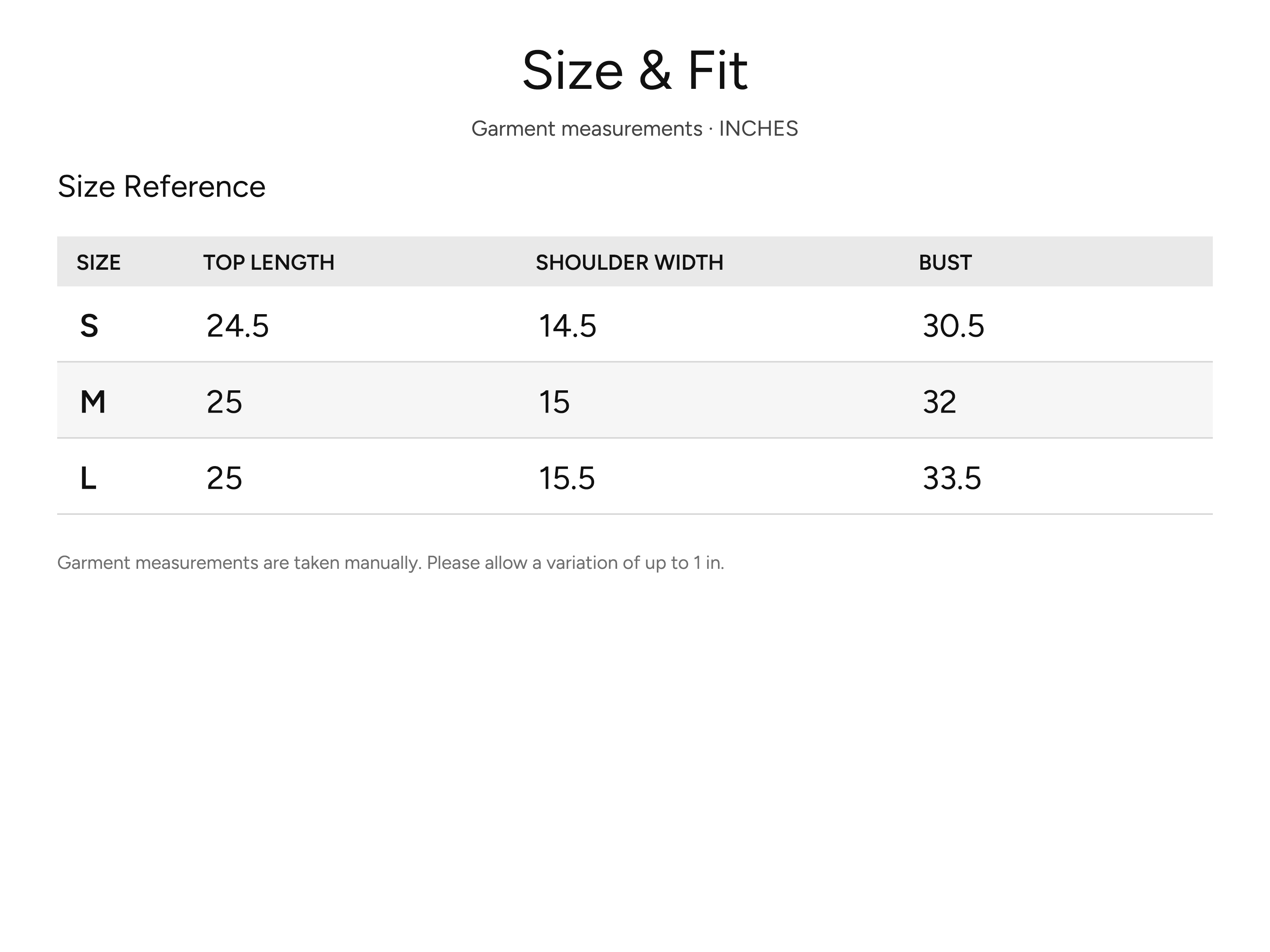 SHEVOV garment size and fit chart