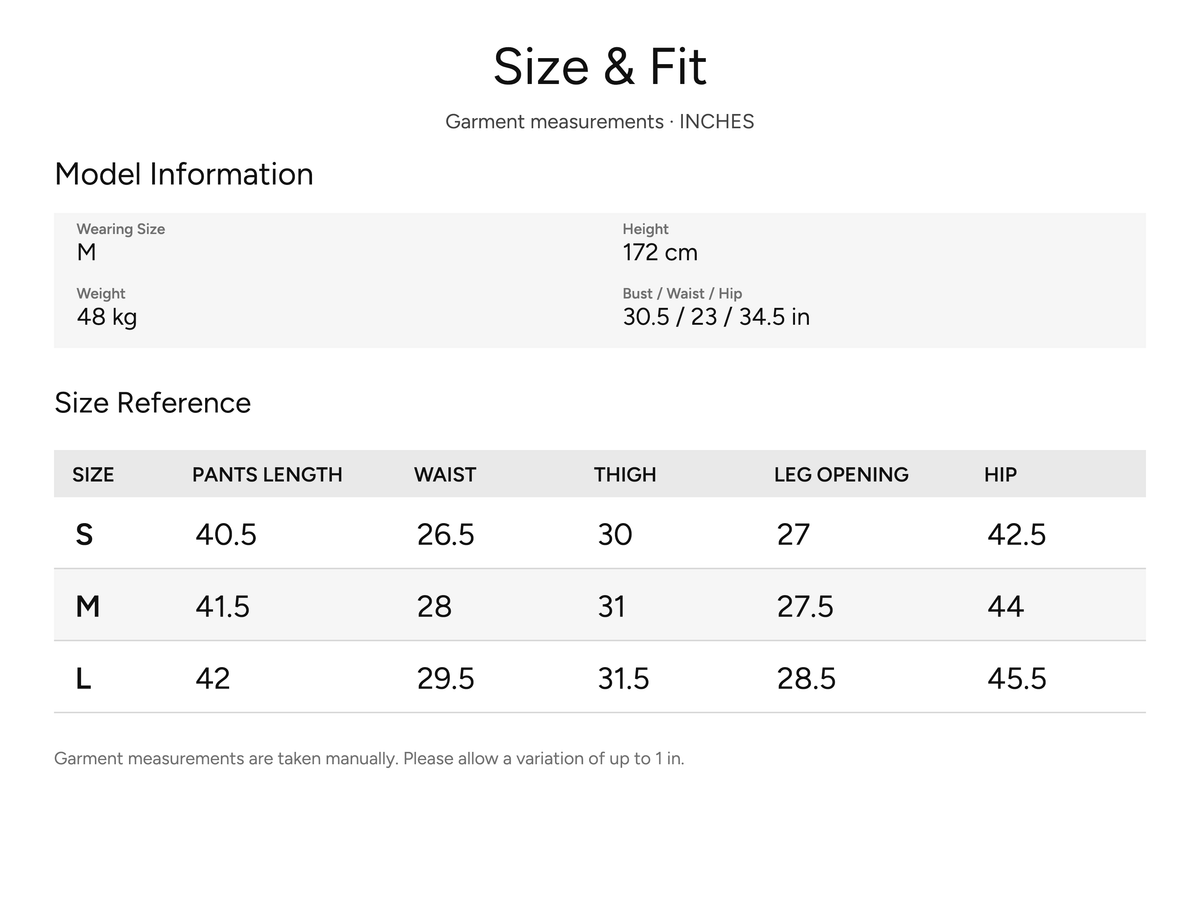 SHEVOV garment size and fit chart