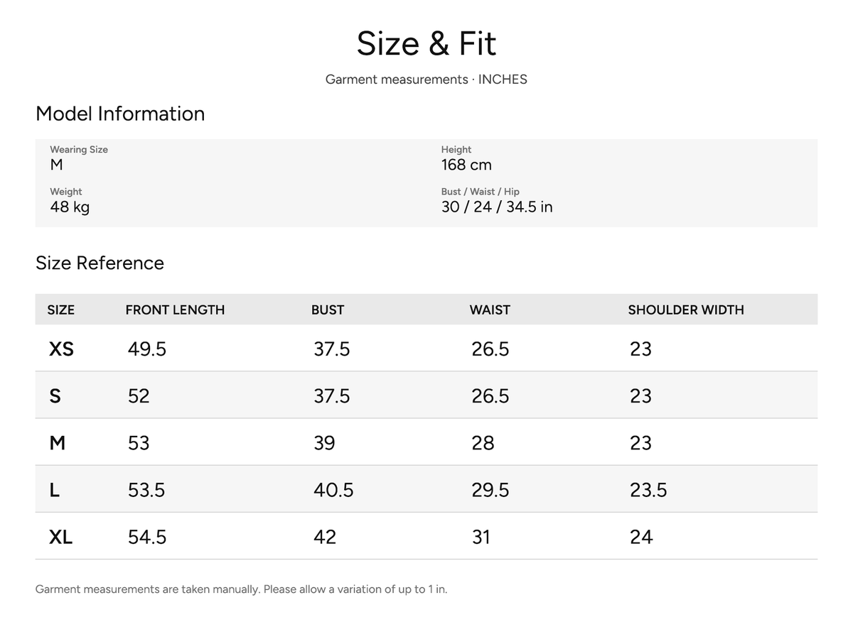 SHEVOV garment size and fit chart