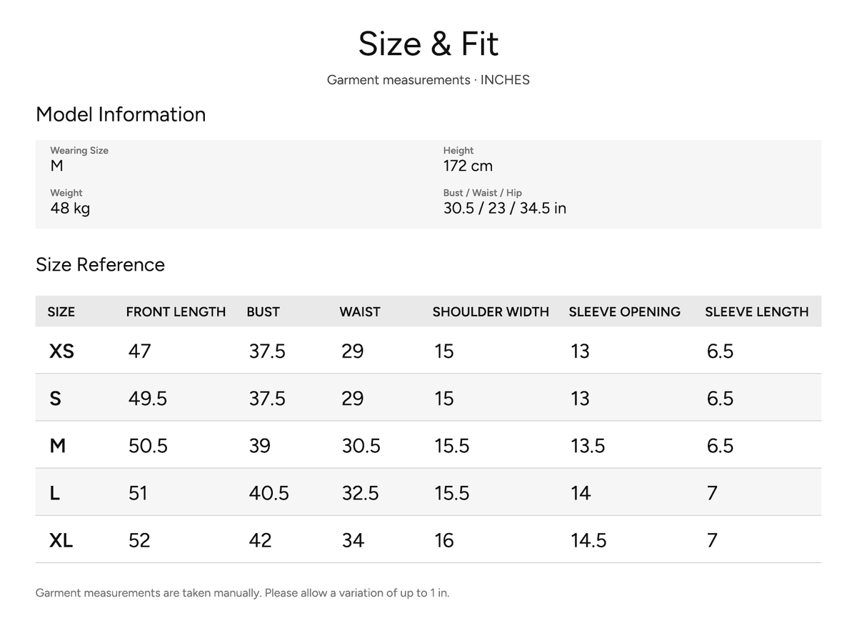 SHEVOV garment size and fit chart