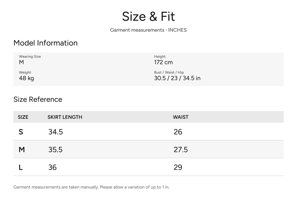SHEVOV garment size and fit chart