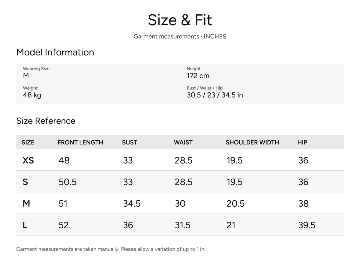 SHEVOV garment size and fit chart