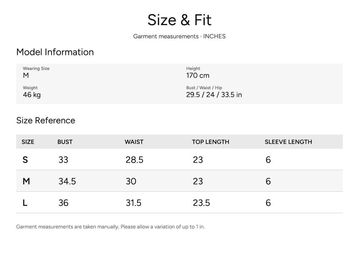 SHEVOV garment size and fit chart