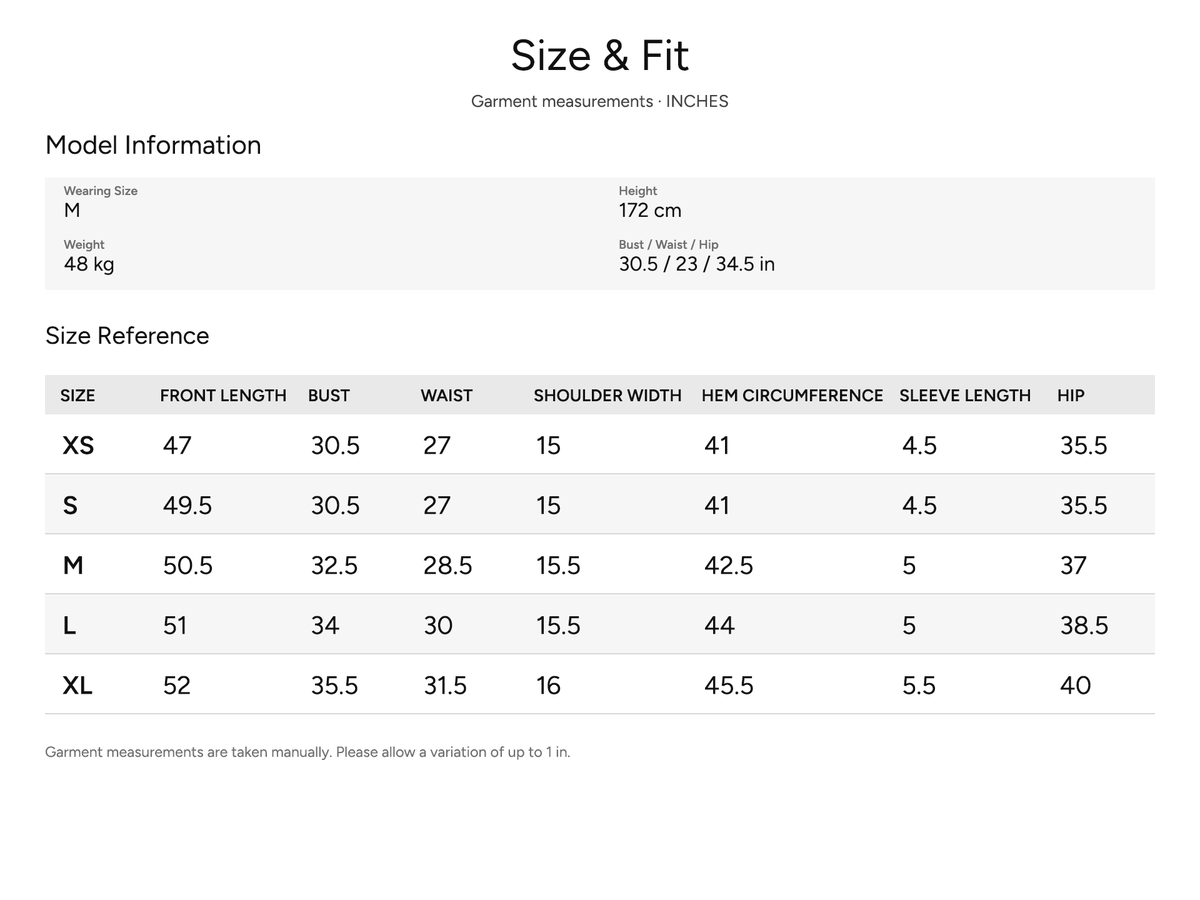 SHEVOV garment size and fit chart
