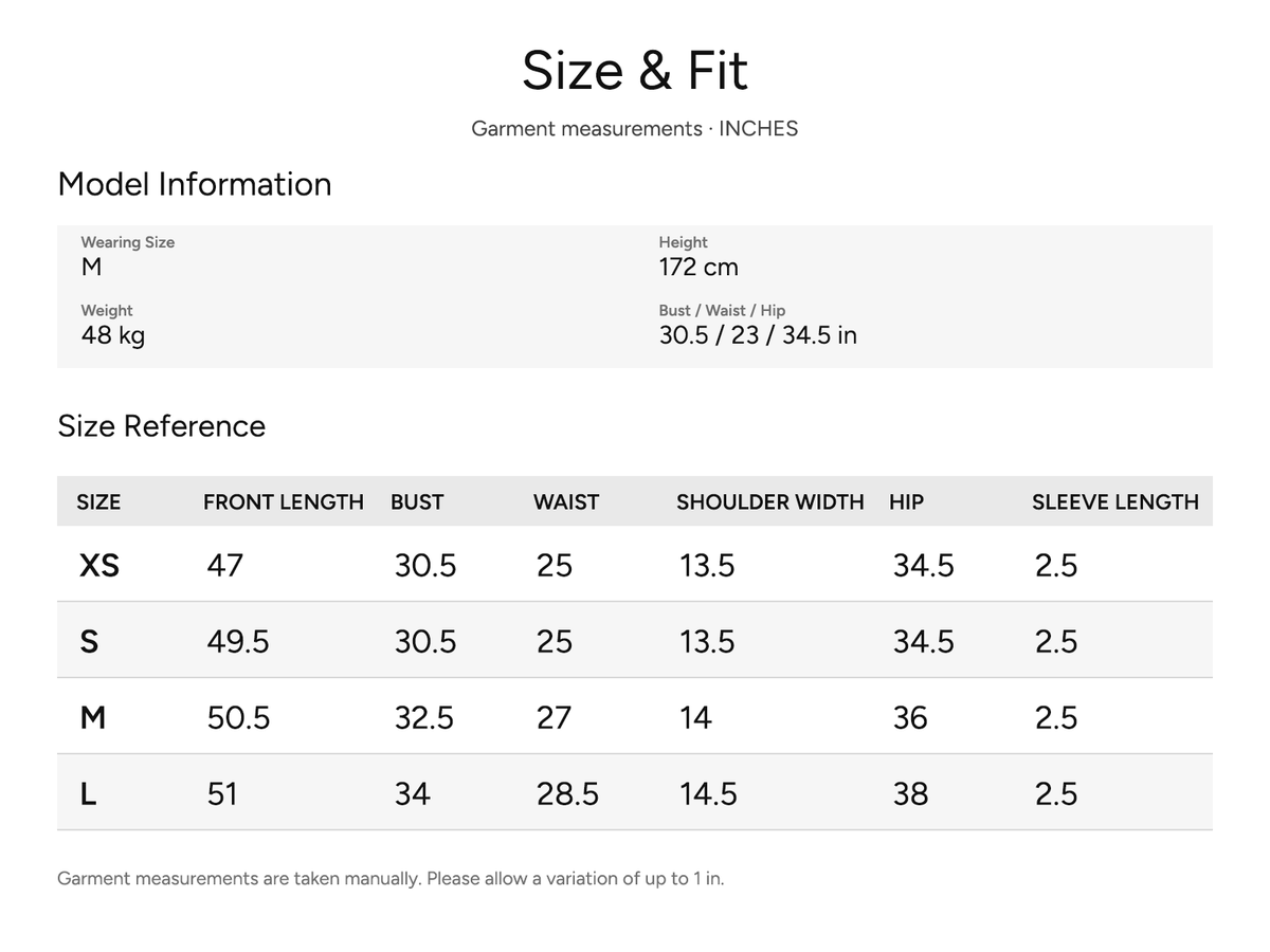 SHEVOV garment size and fit chart