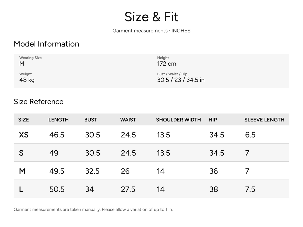 SHEVOV garment size and fit chart