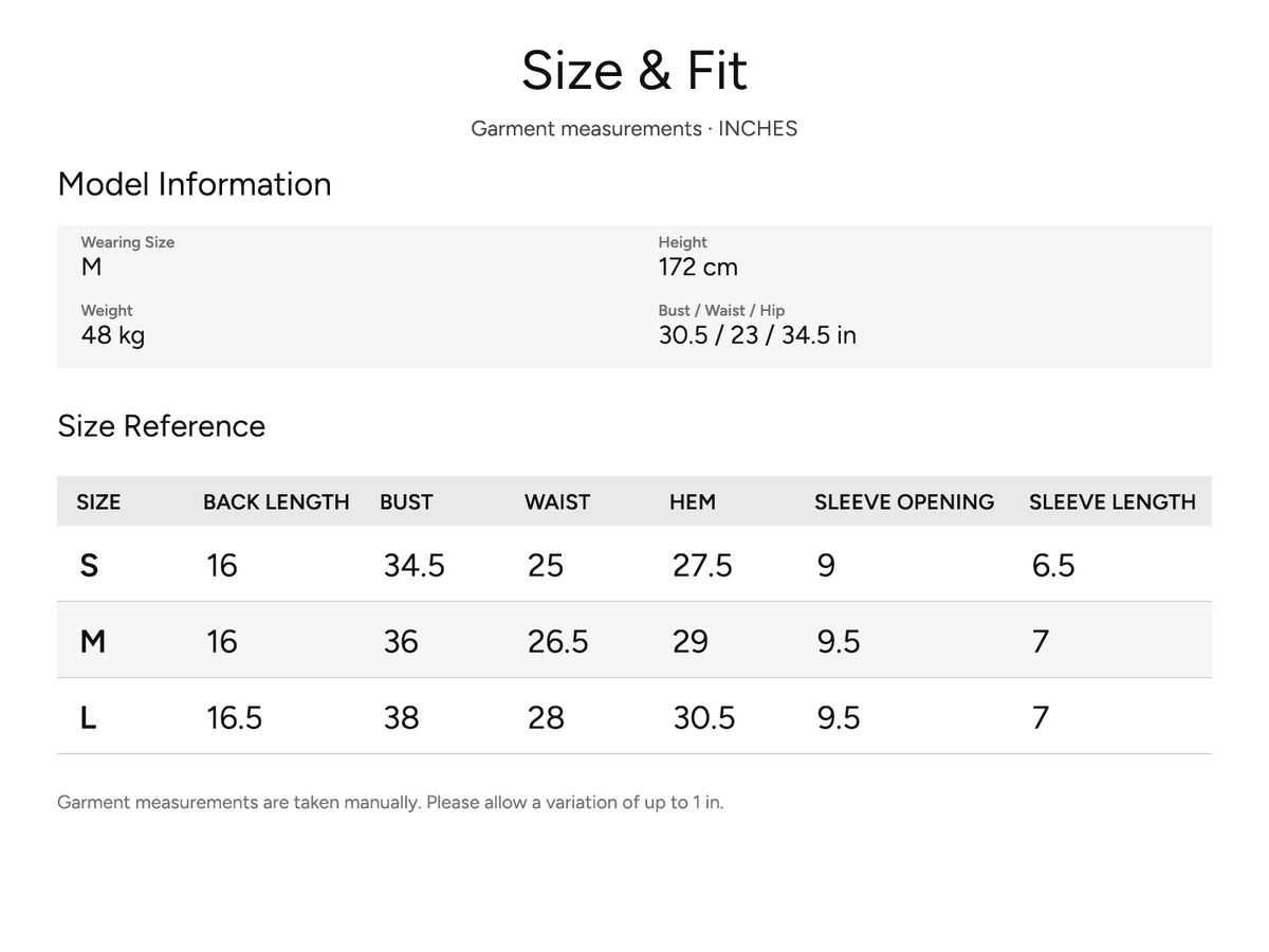 SHEVOV garment size and fit chart