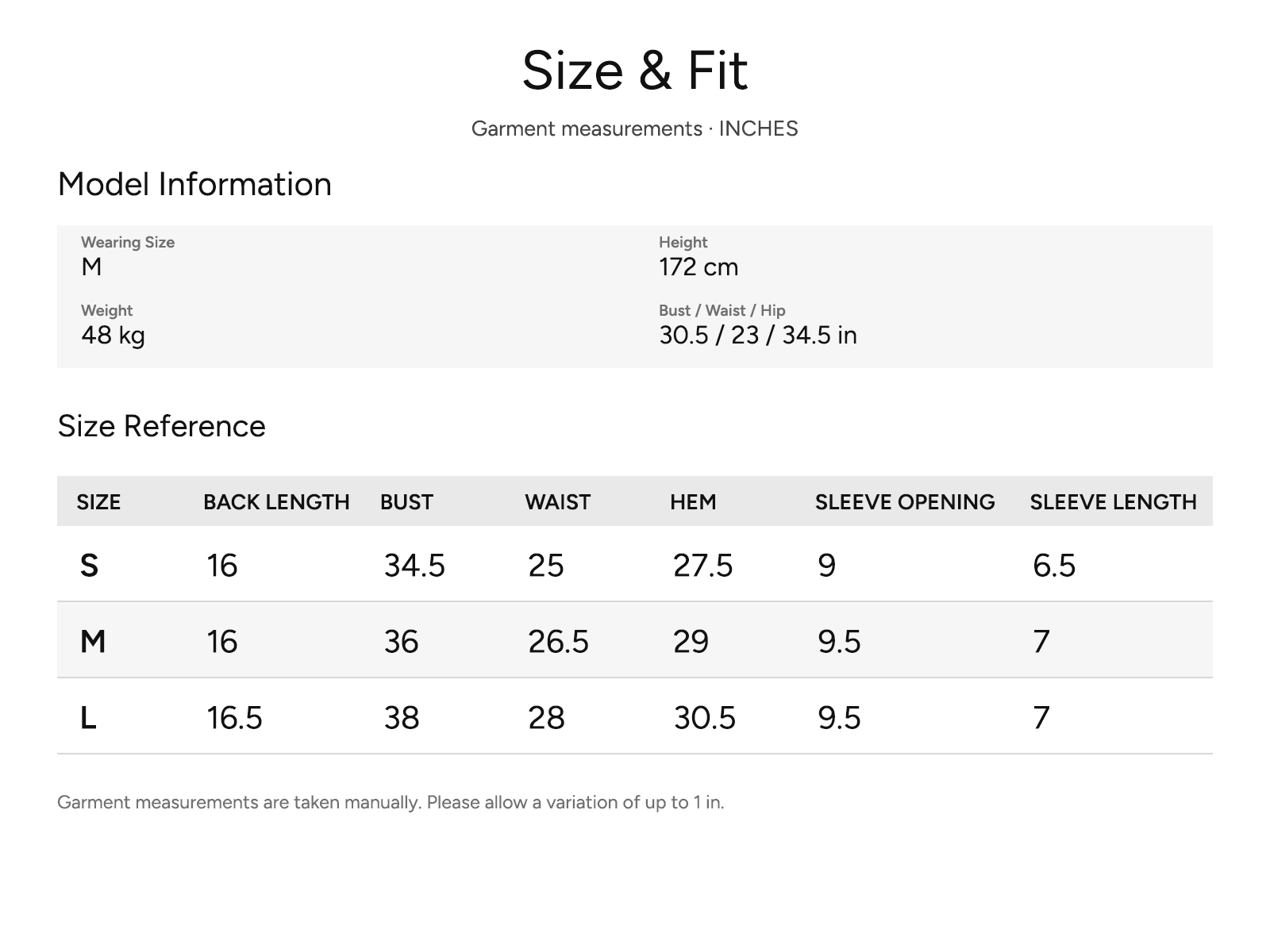 SHEVOV garment size and fit chart