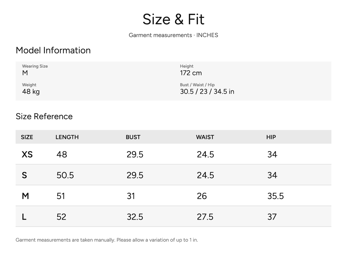 SHEVOV garment size and fit chart